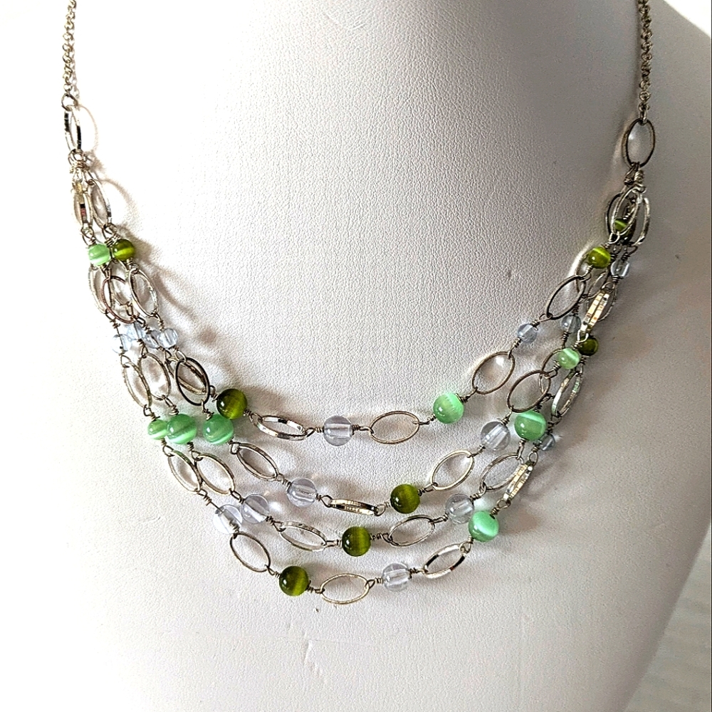 Vintage Four Strand Necklace Silver Tone Chain Green & Clear Beads Adjustable